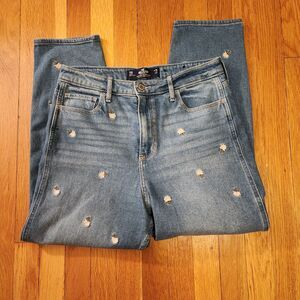 Hollister Ultra High Rise Relaxed Mom Jeans w/ Embroidered Flowers, Sz 11R/W30